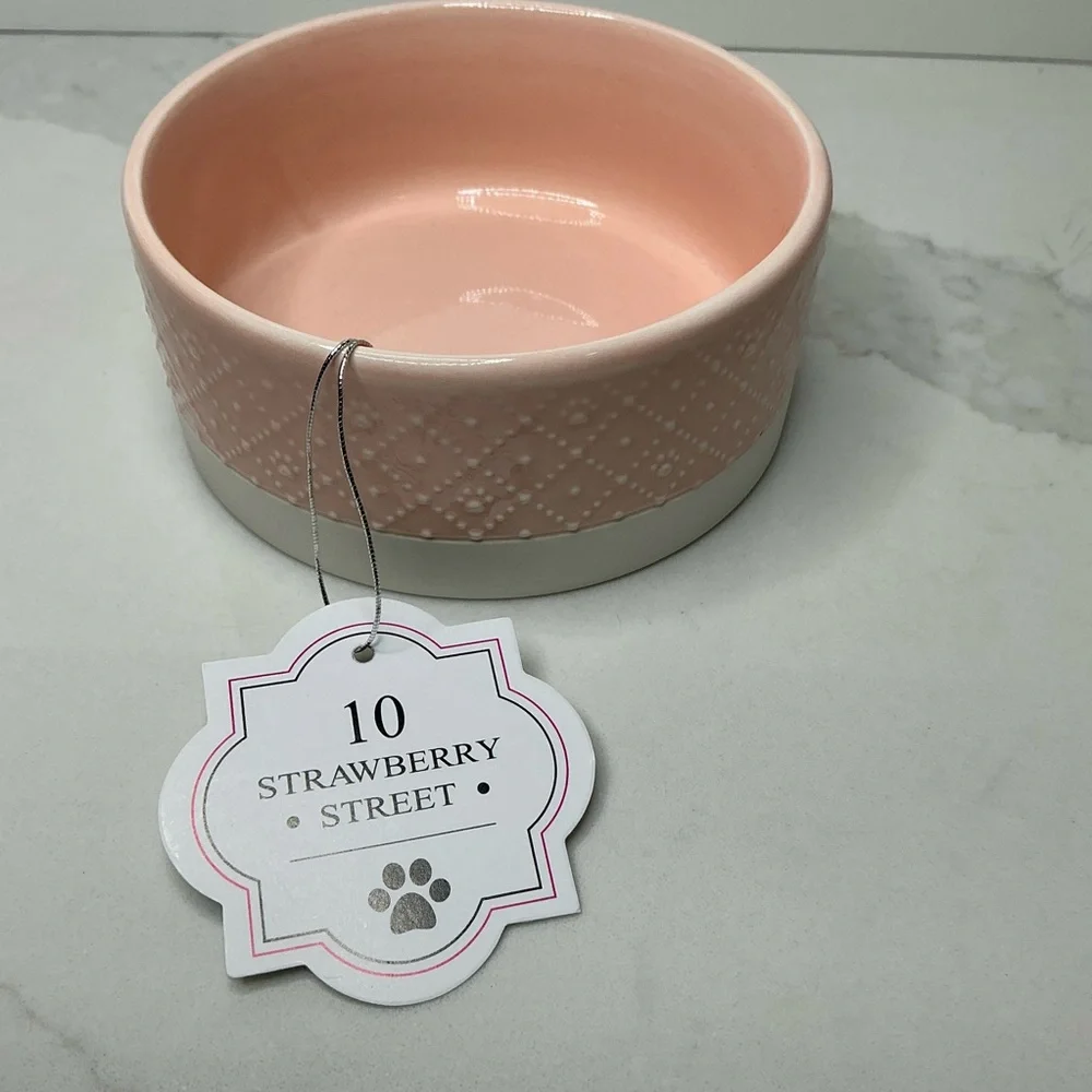 🐾 10 Strawberry Street Pet Bowl Paw Embossed Pink Ceramic New